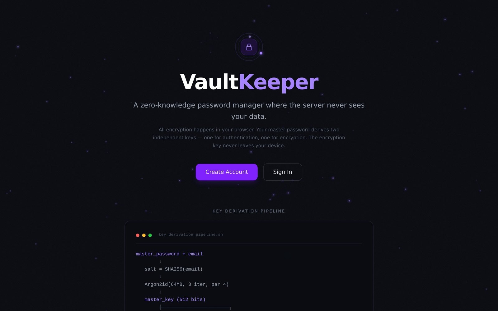 VaultKeeper landing page with its key derivation pipeline